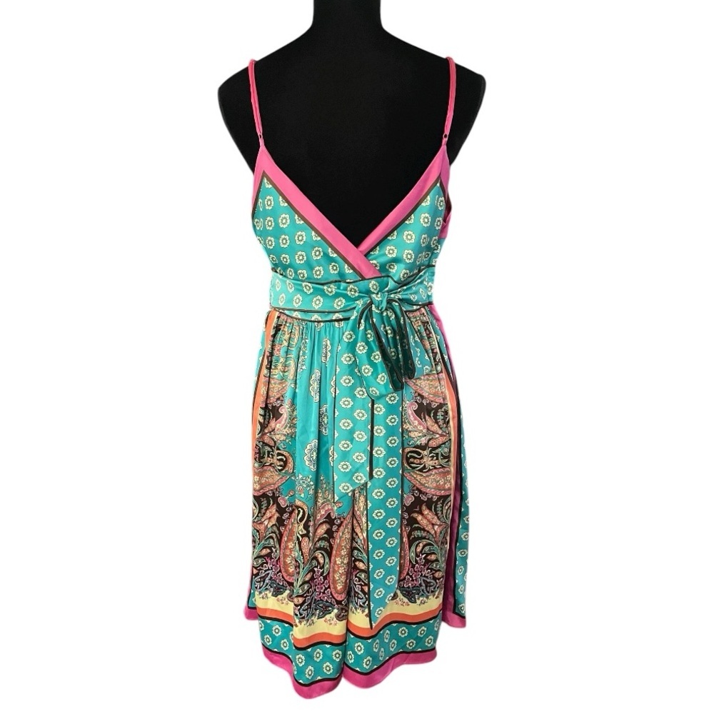 Nicole Miller Placed Paisley Empire Babydoll Dress Teal Pink Orange 12 hippie - Picture 3 of 6